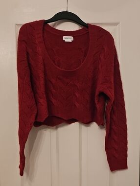 Lovers + Friends Red Scoop-Neck Cropped Cable Knit Sweater